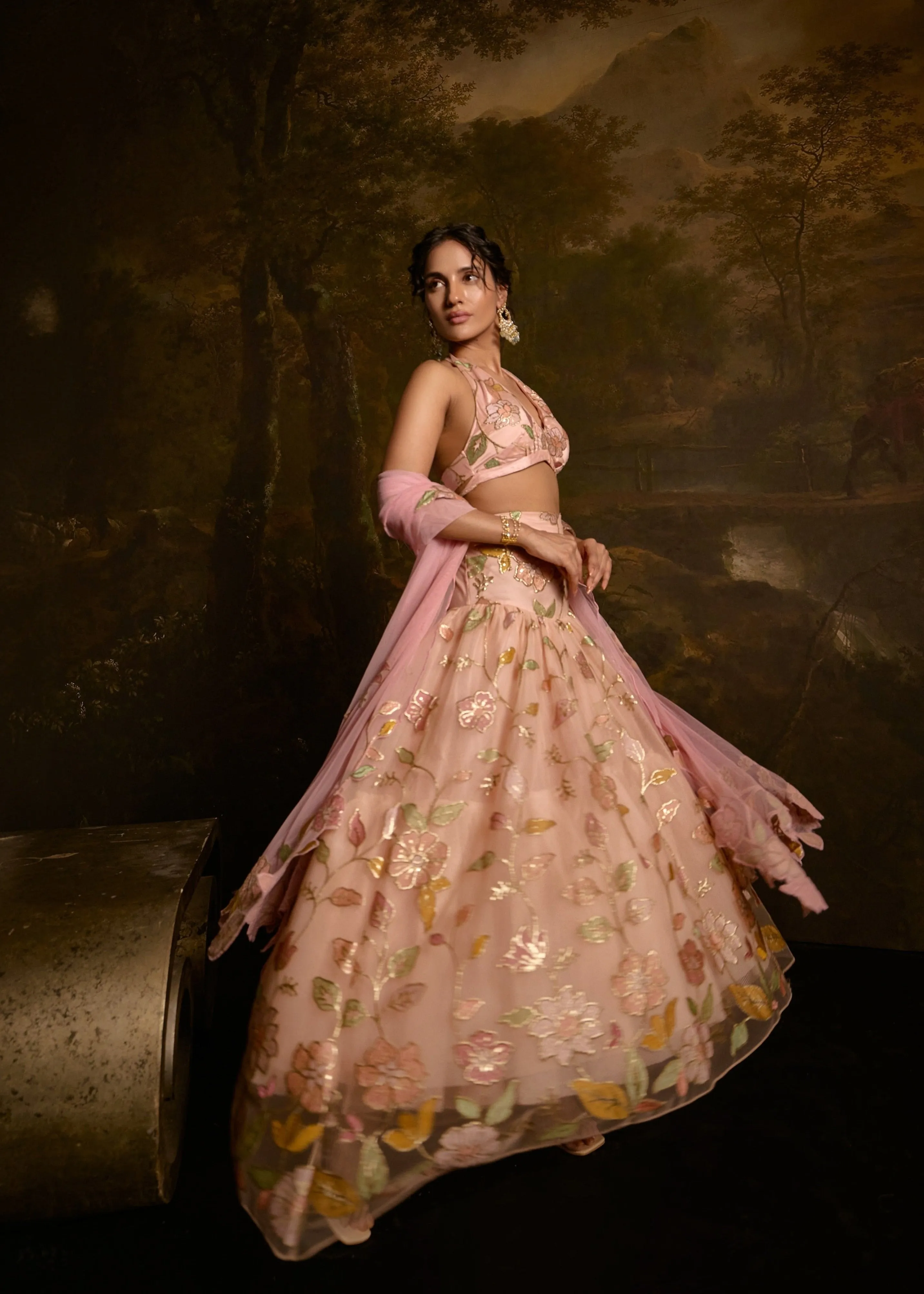 Adishri Peach Halter-Neck Embroidered Lehenga