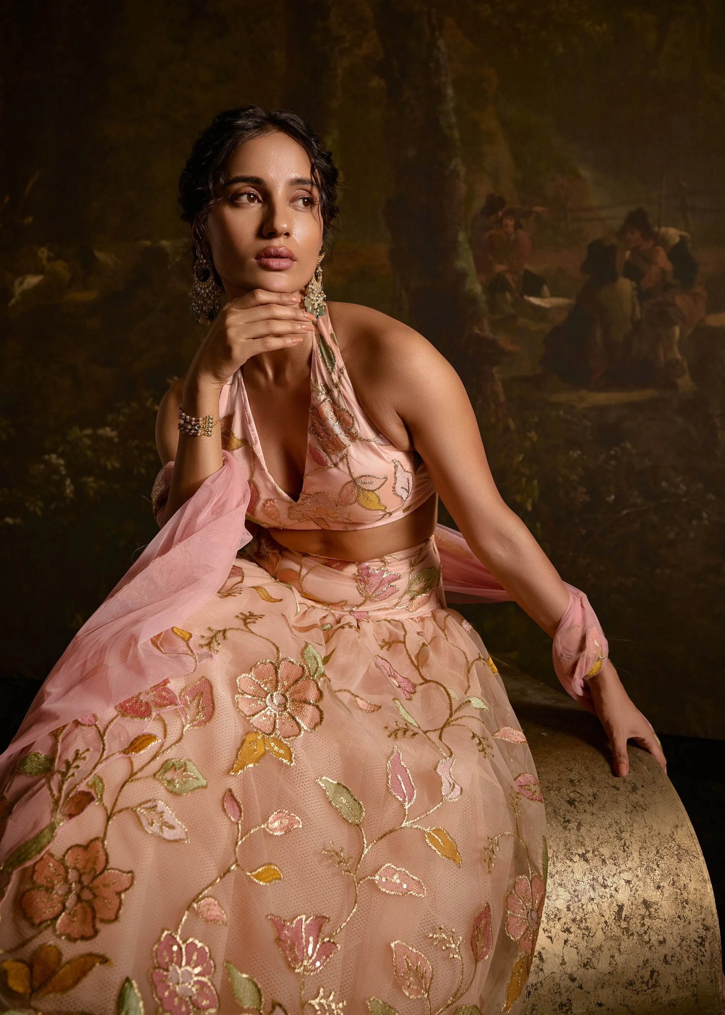 Adishri Peach Halter-Neck Embroidered Lehenga