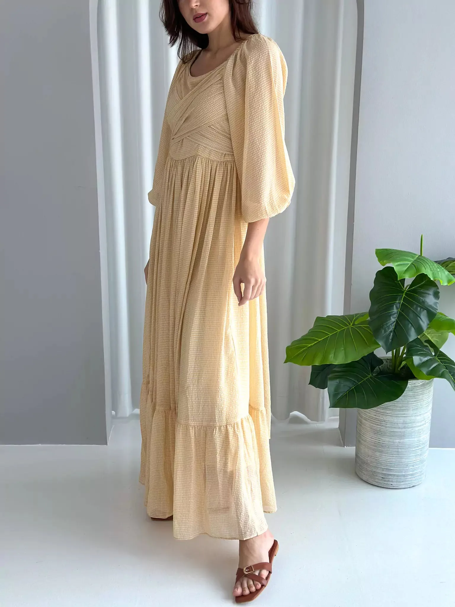 Amelia Wrap Long Dress - Beige Yellow