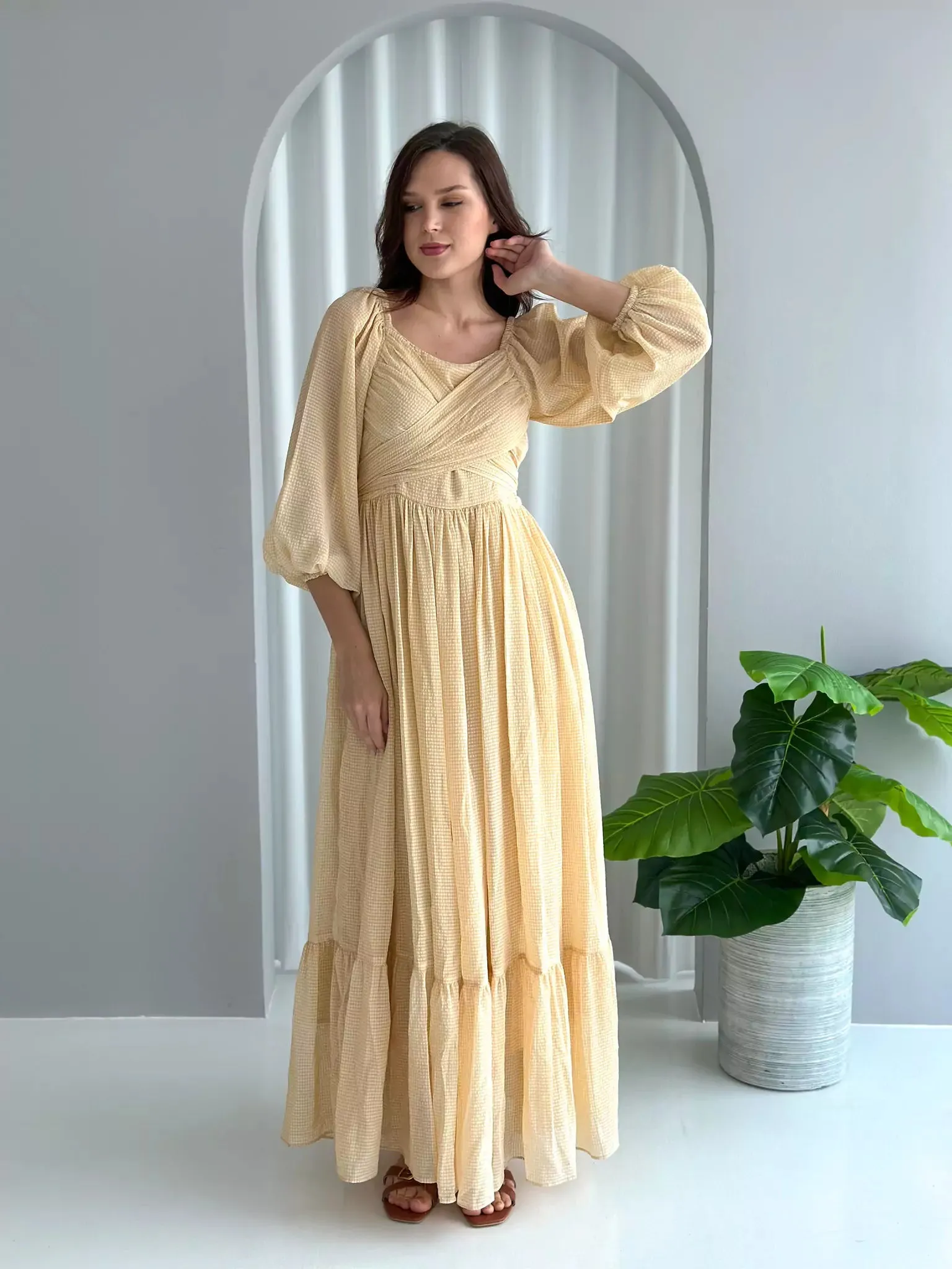 Amelia Wrap Long Dress - Beige Yellow