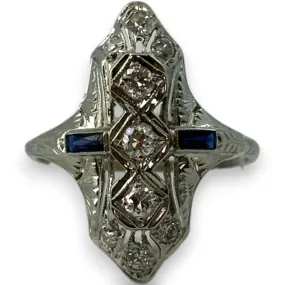 Antique Art Deco Late-1920s Filigree Solid 18kt White Gold and Transitional Cut Diamond Dinner Ring with Lab Sapphire and Older Cut Diamond Accents Size 9.5