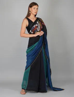 APPLIQUE WORK MULTICOLOURED SAREE SET