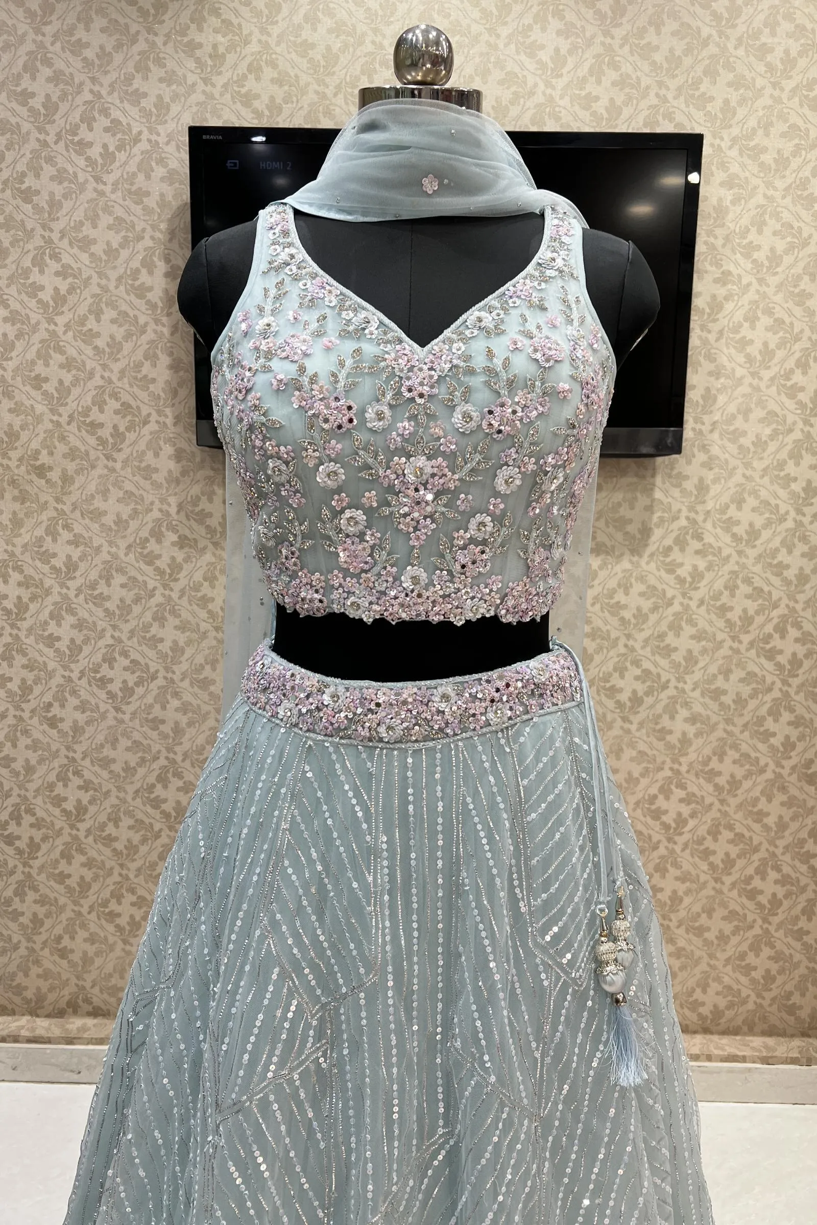 Aqua Blue Sequins, Stone, Beads, Thread and Zari work Crop Top Lehenga