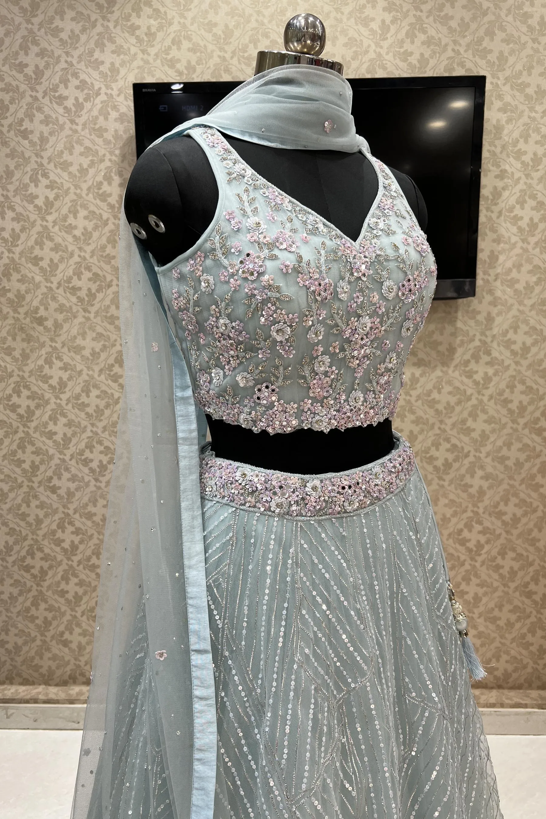 Aqua Blue Sequins, Stone, Beads, Thread and Zari work Crop Top Lehenga