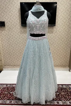 Aqua Blue Sequins, Stone, Beads, Thread and Zari work Crop Top Lehenga