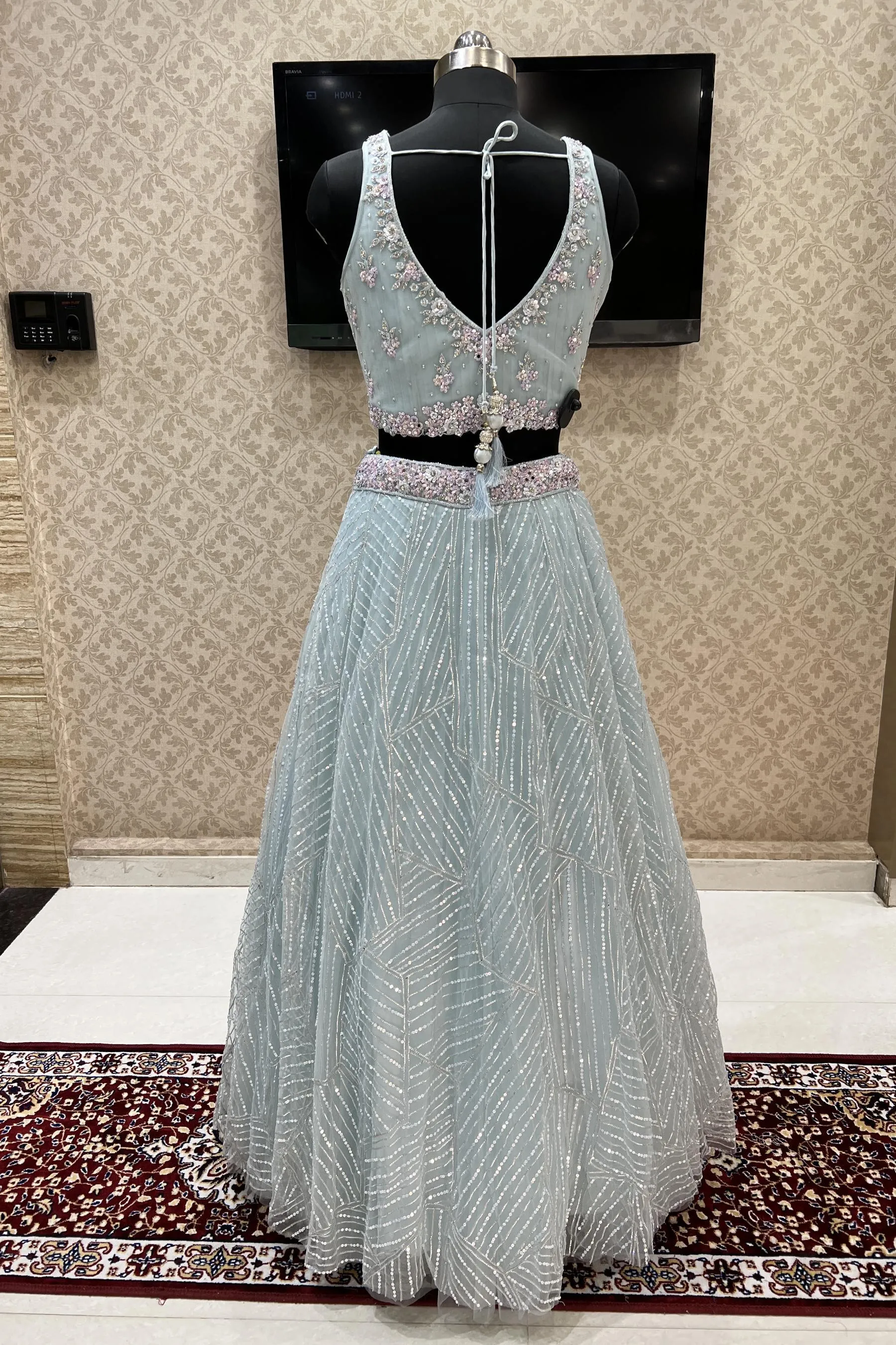 Aqua Blue Sequins, Stone, Beads, Thread and Zari work Crop Top Lehenga