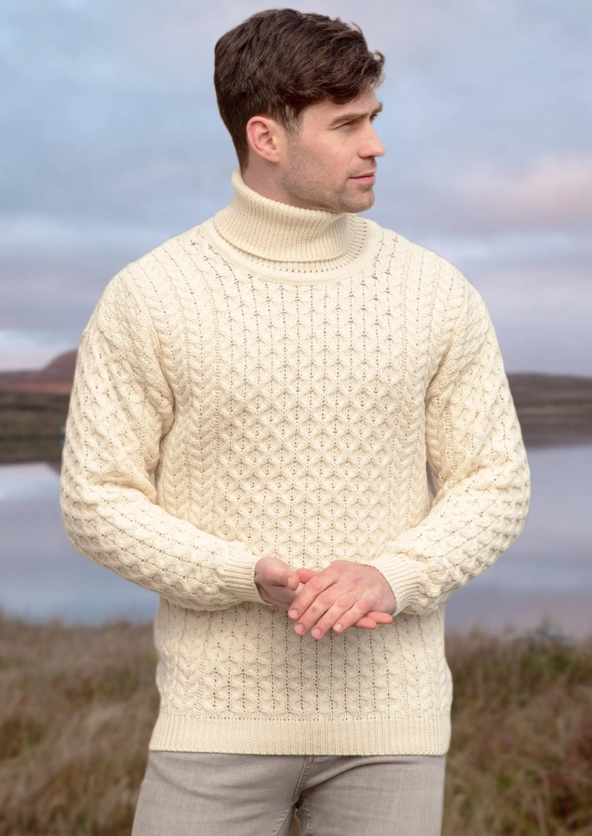 Aran Merino Polo Neck Sweater | Natural