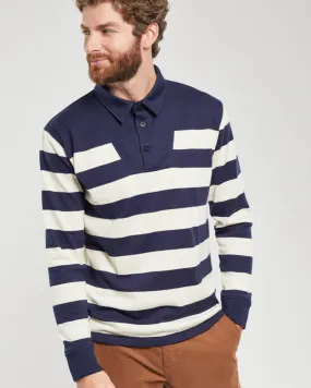 Armor Lux Thick Rustic Knit Striped Polo Shirt - Deep Marine / Nature