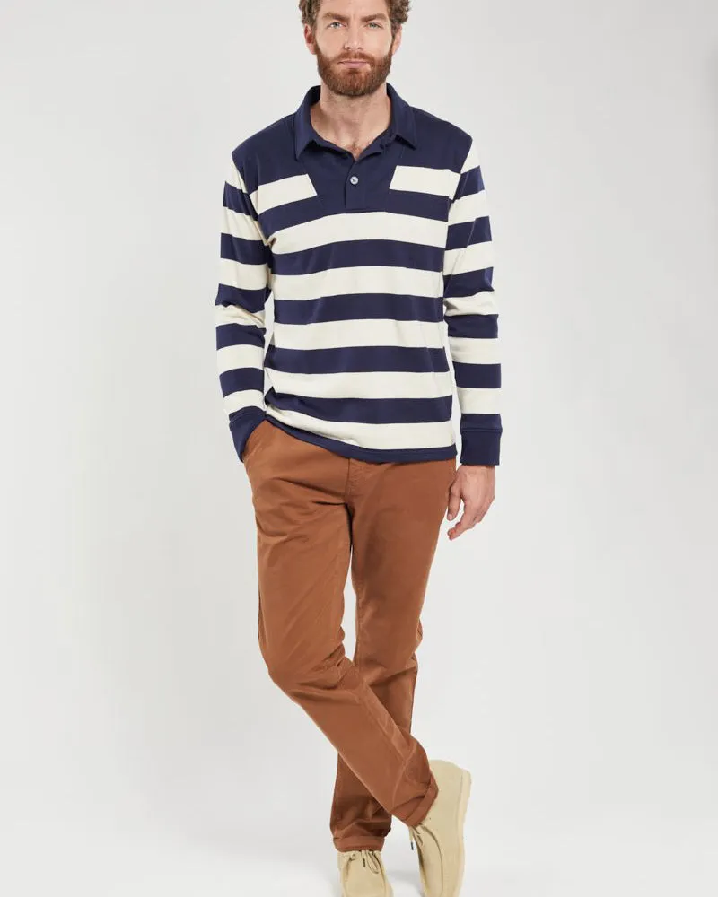 Armor Lux Thick Rustic Knit Striped Polo Shirt - Deep Marine / Nature