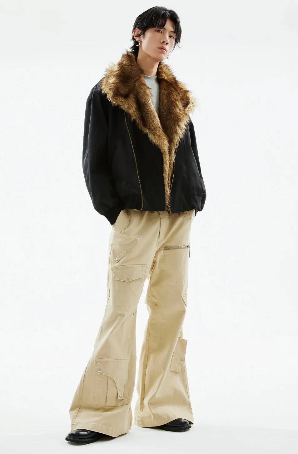 Asymmetric Zip Jacket with Detachable Faux Fur Collar