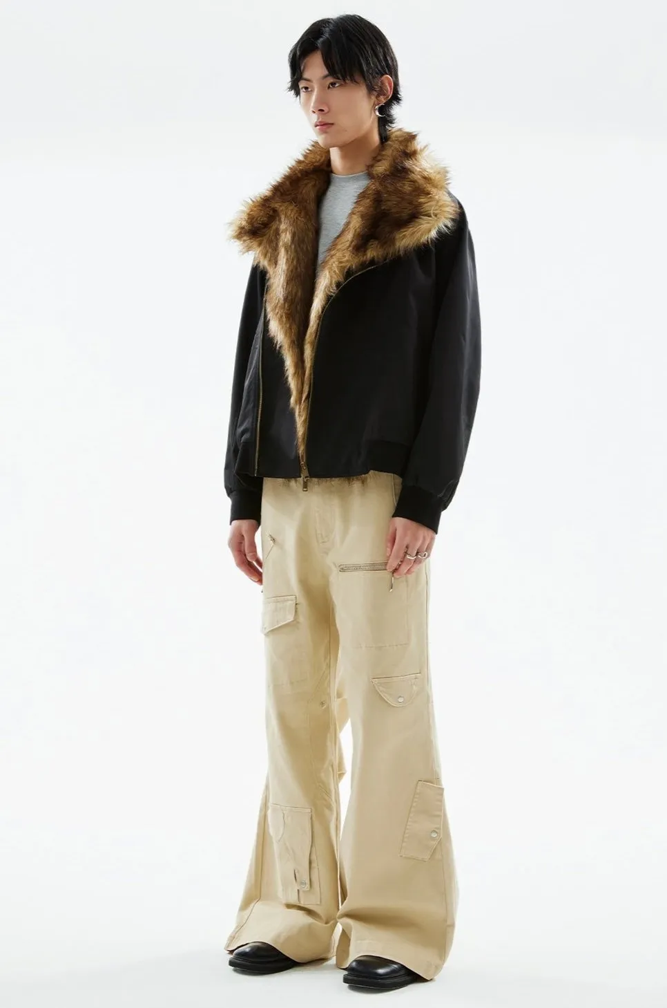 Asymmetric Zip Jacket with Detachable Faux Fur Collar