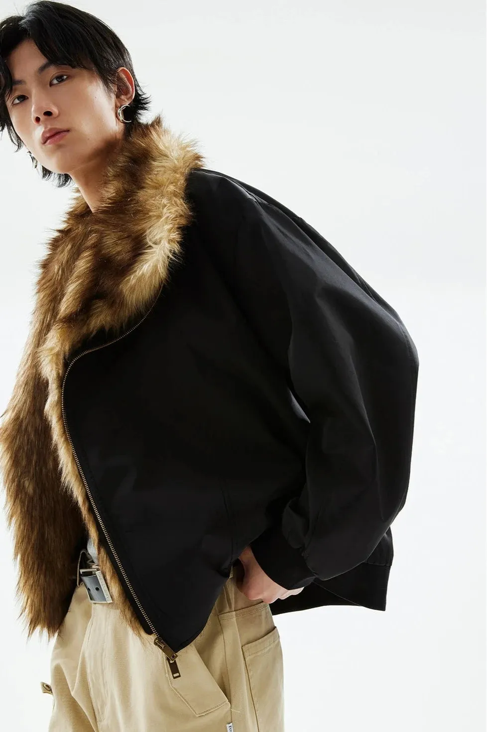 Asymmetric Zip Jacket with Detachable Faux Fur Collar