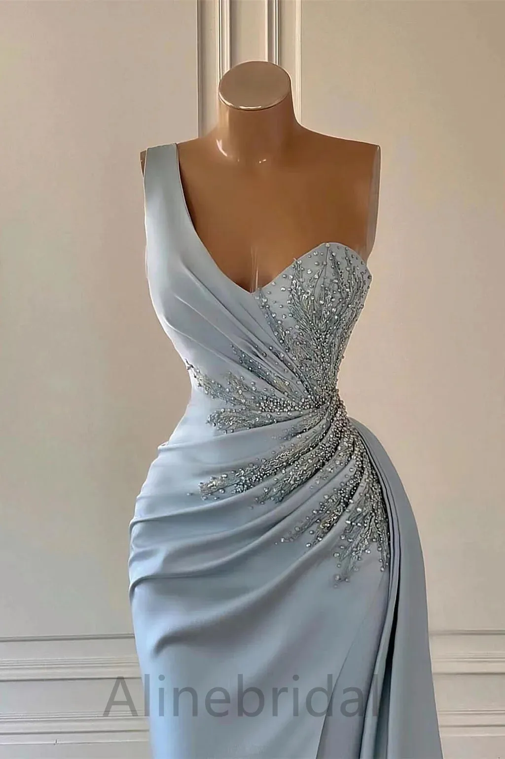 Baby Blue One Shoulder Sleeveless Side Slit Mermaid Long Prom Dress, PD3734