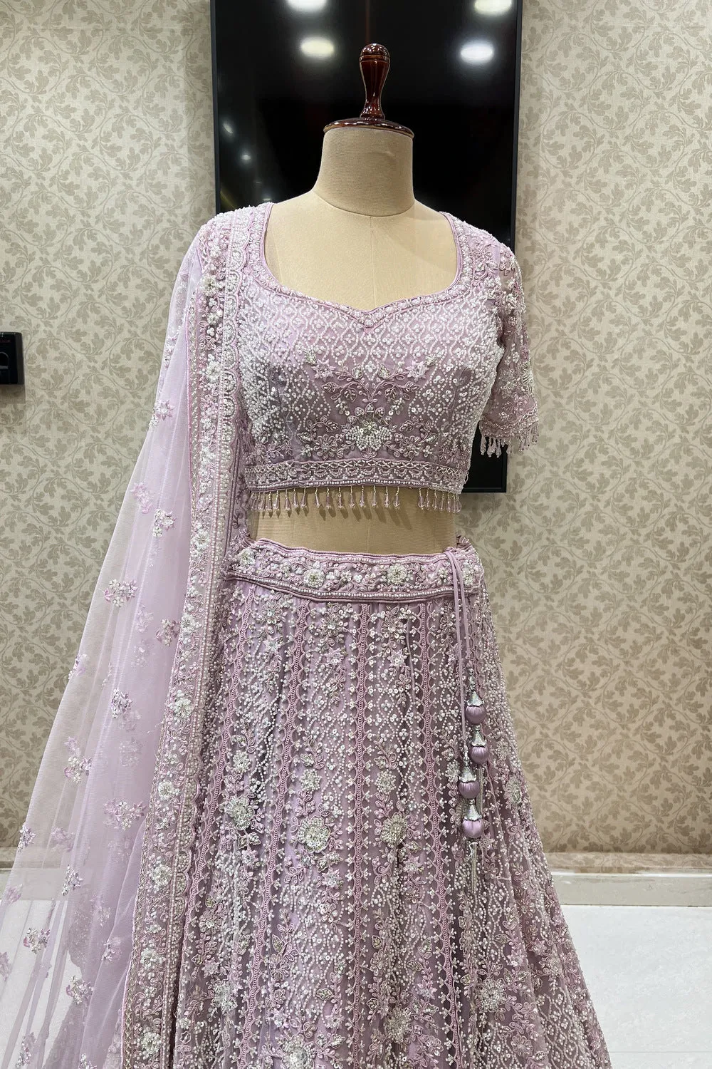 Baby Pink Beads, Sequins, Pearls and Thread work Crop Top Designer Bridal Lehenga