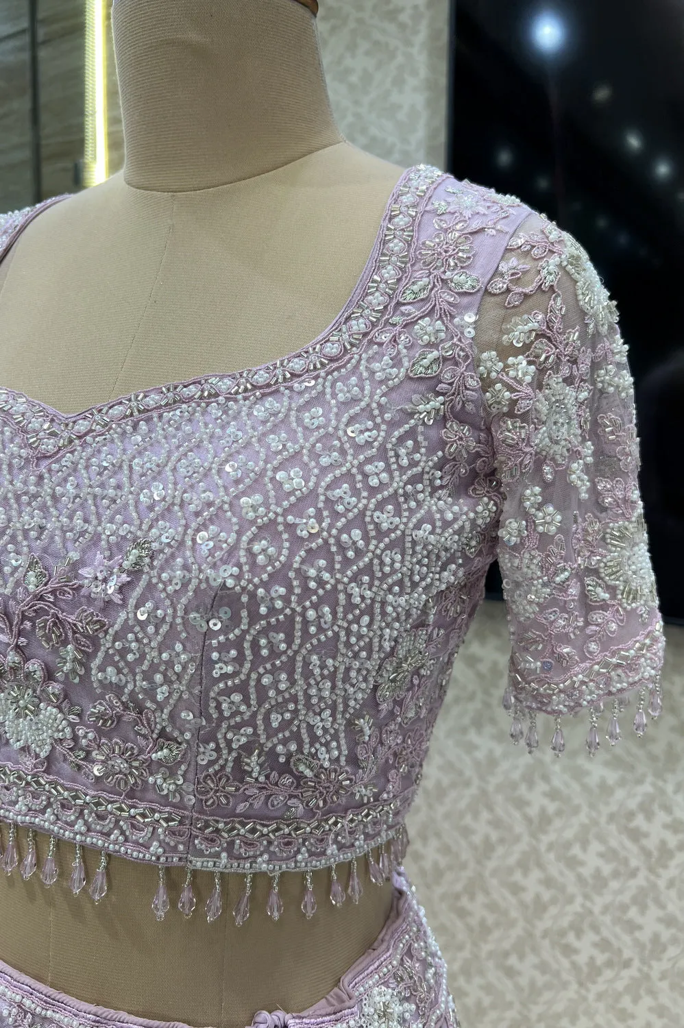 Baby Pink Beads, Sequins, Pearls and Thread work Crop Top Designer Bridal Lehenga