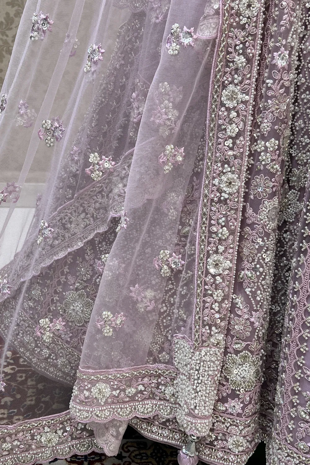 Baby Pink Beads, Sequins, Pearls and Thread work Crop Top Designer Bridal Lehenga