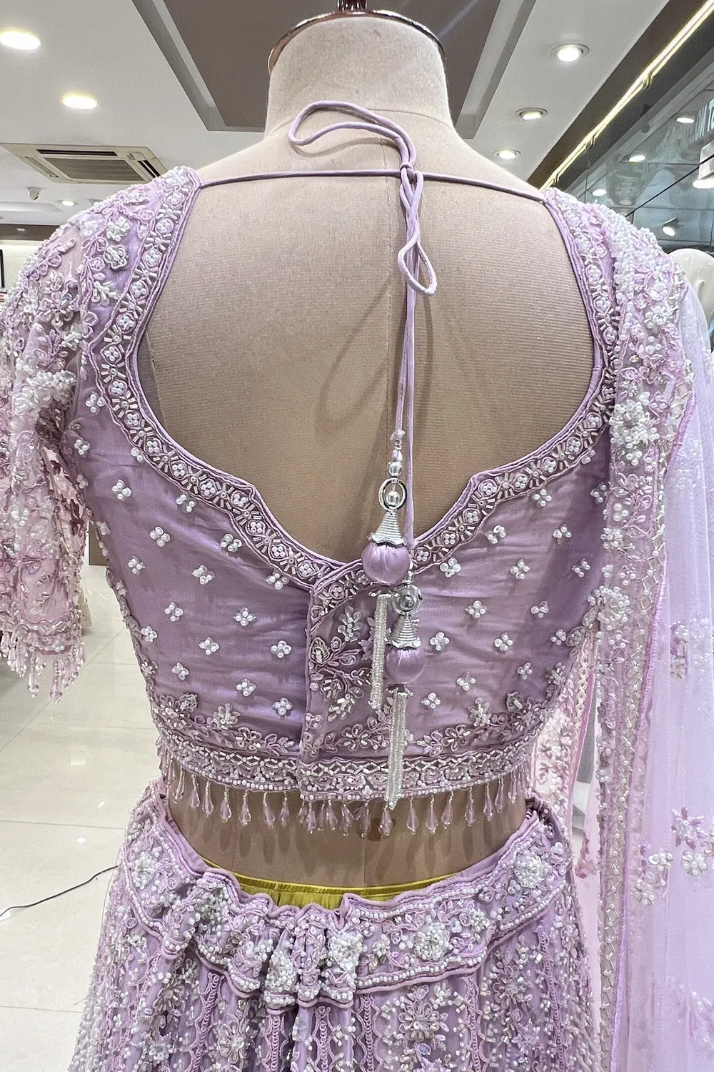 Baby Pink Beads, Sequins, Pearls and Thread work Crop Top Designer Bridal Lehenga