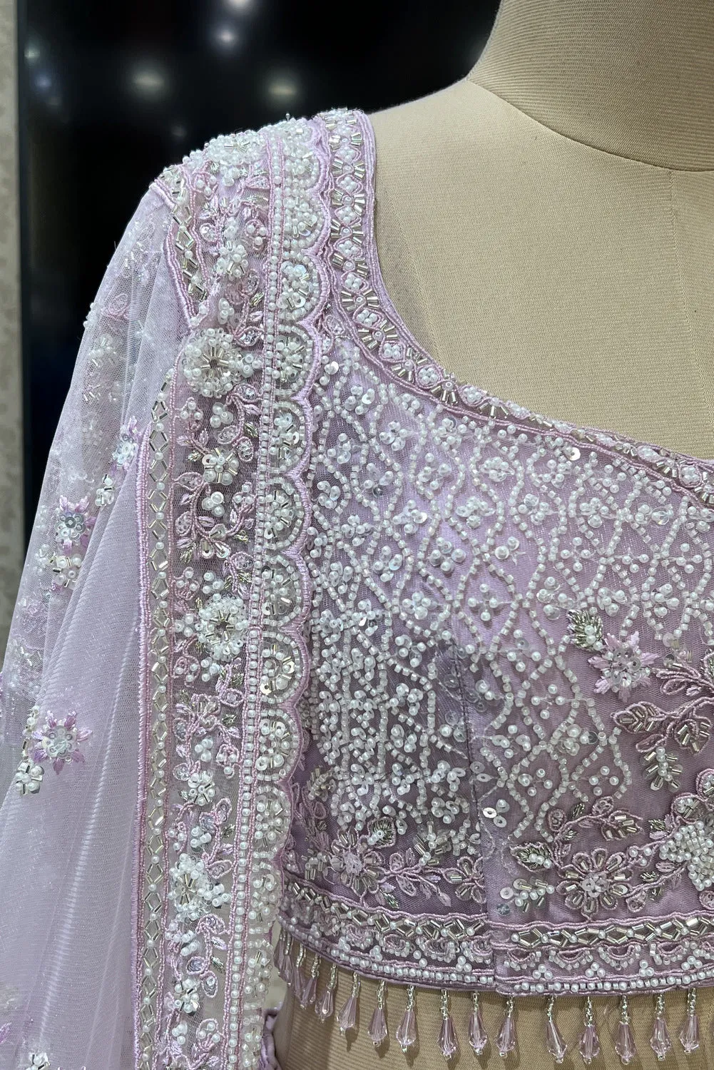 Baby Pink Beads, Sequins, Pearls and Thread work Crop Top Designer Bridal Lehenga