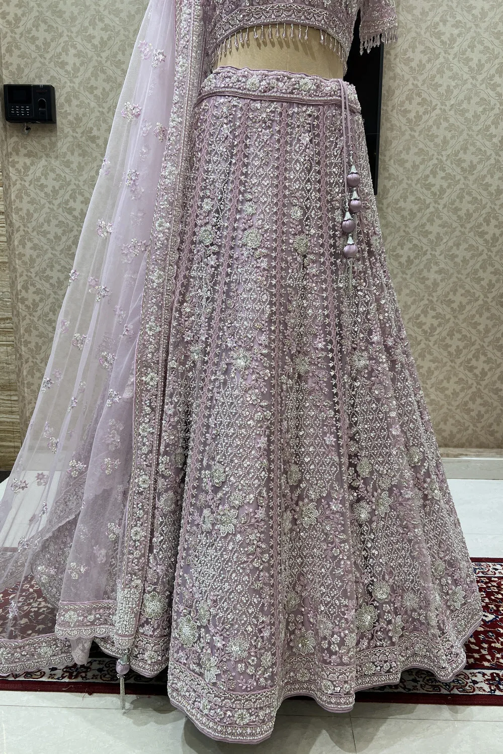 Baby Pink Beads, Sequins, Pearls and Thread work Crop Top Designer Bridal Lehenga