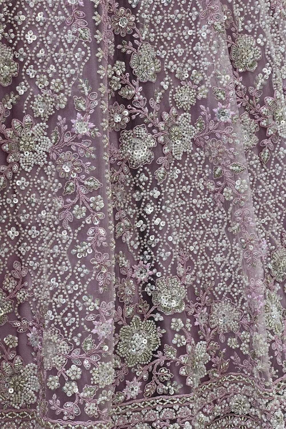 Baby Pink Beads, Sequins, Pearls and Thread work Crop Top Designer Bridal Lehenga