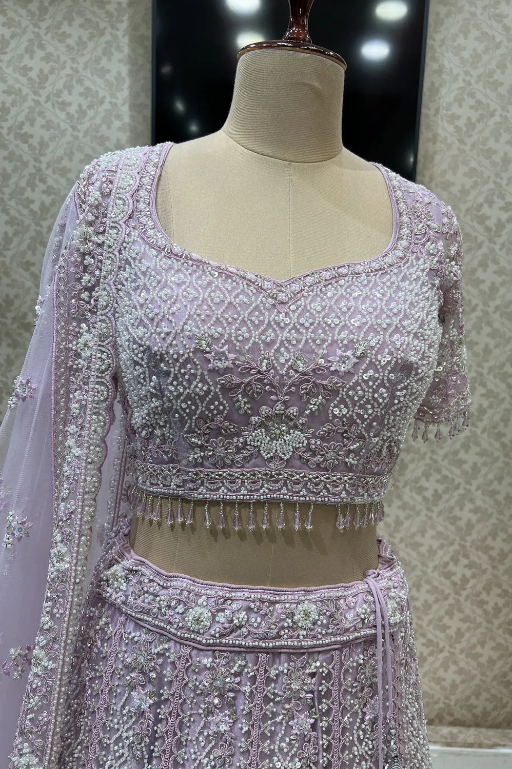 Baby Pink Beads, Sequins, Pearls and Thread work Crop Top Designer Bridal Lehenga