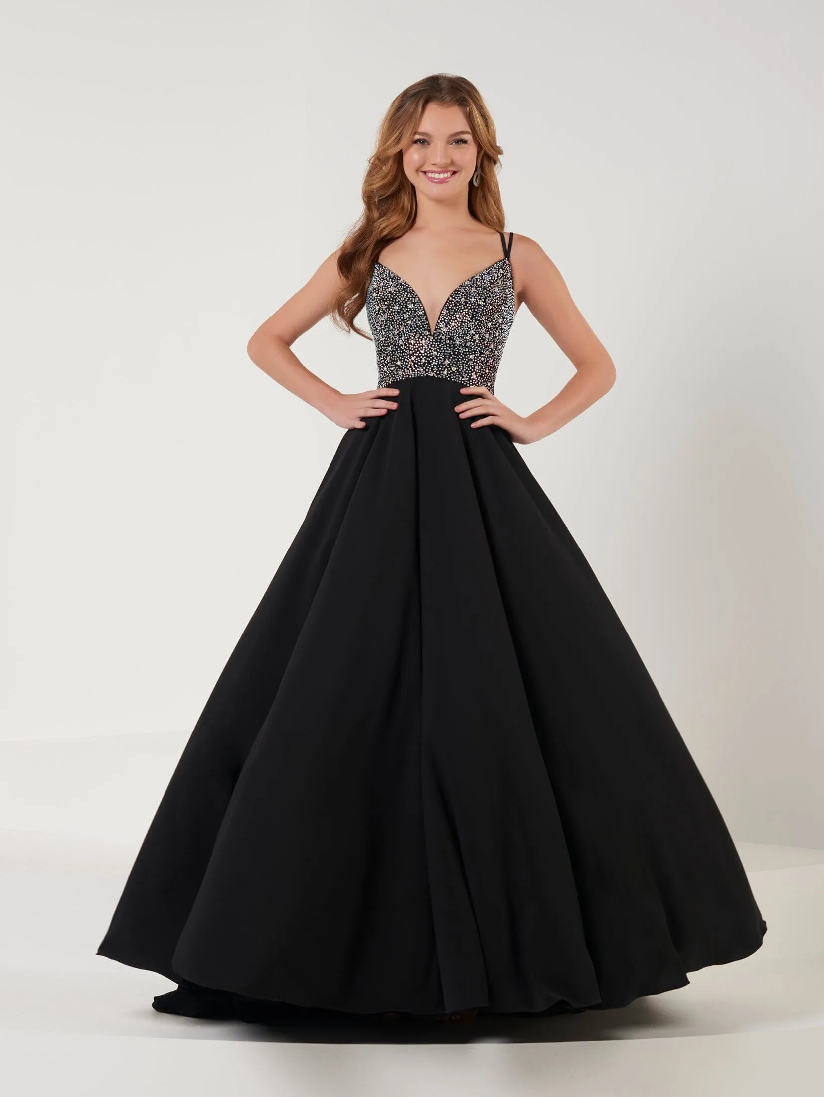 Beaded Bodice Satin Chiffon A-line Gown by Studio 17 12855