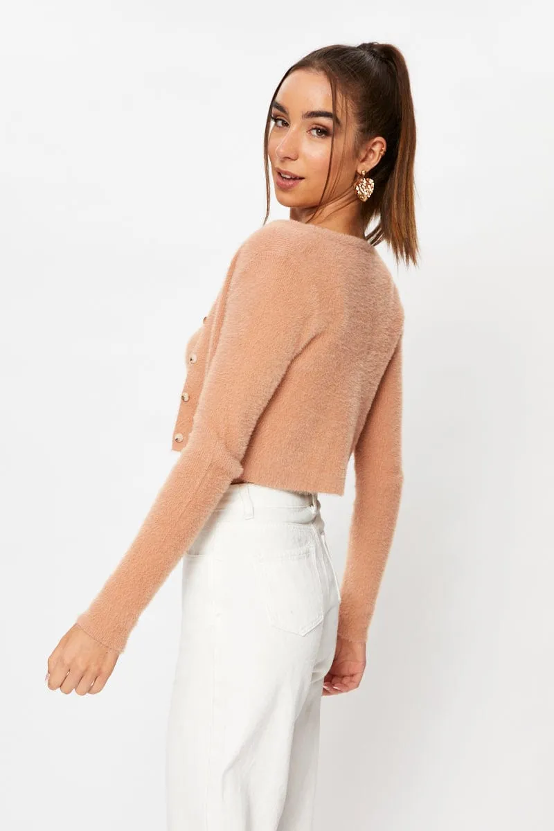 Beige Fluffy Yarn Square Neck Knit Cami Top