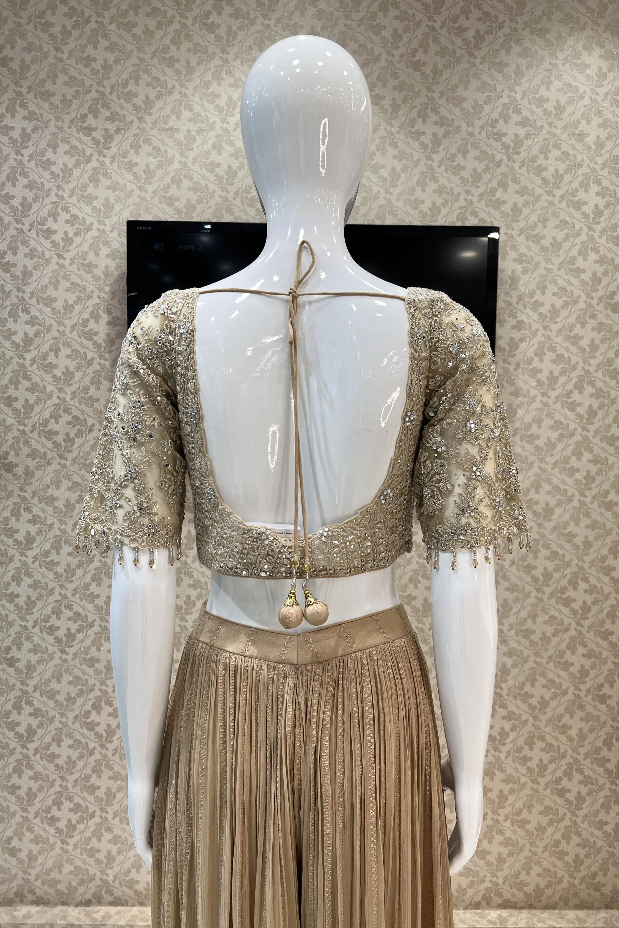 Beige Mirror, Zari, Thread and Stone work Crop Top with Sequins and Thread work Sharara Pant