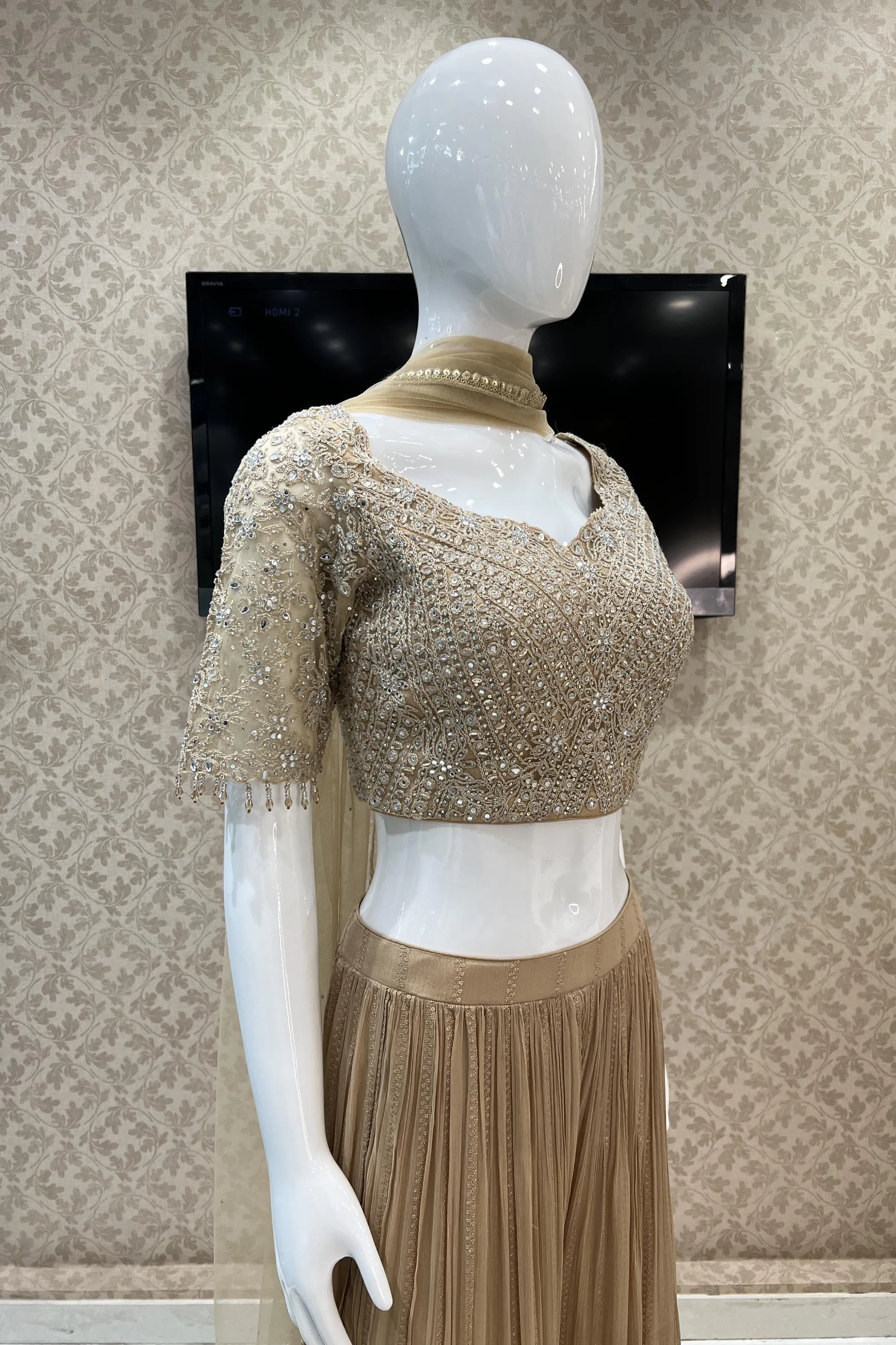 Beige Mirror, Zari, Thread and Stone work Crop Top with Sequins and Thread work Sharara Pant