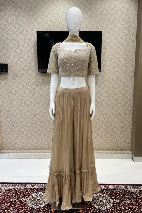 Beige Mirror, Zari, Thread and Stone work Crop Top with Sequins and Thread work Sharara Pant