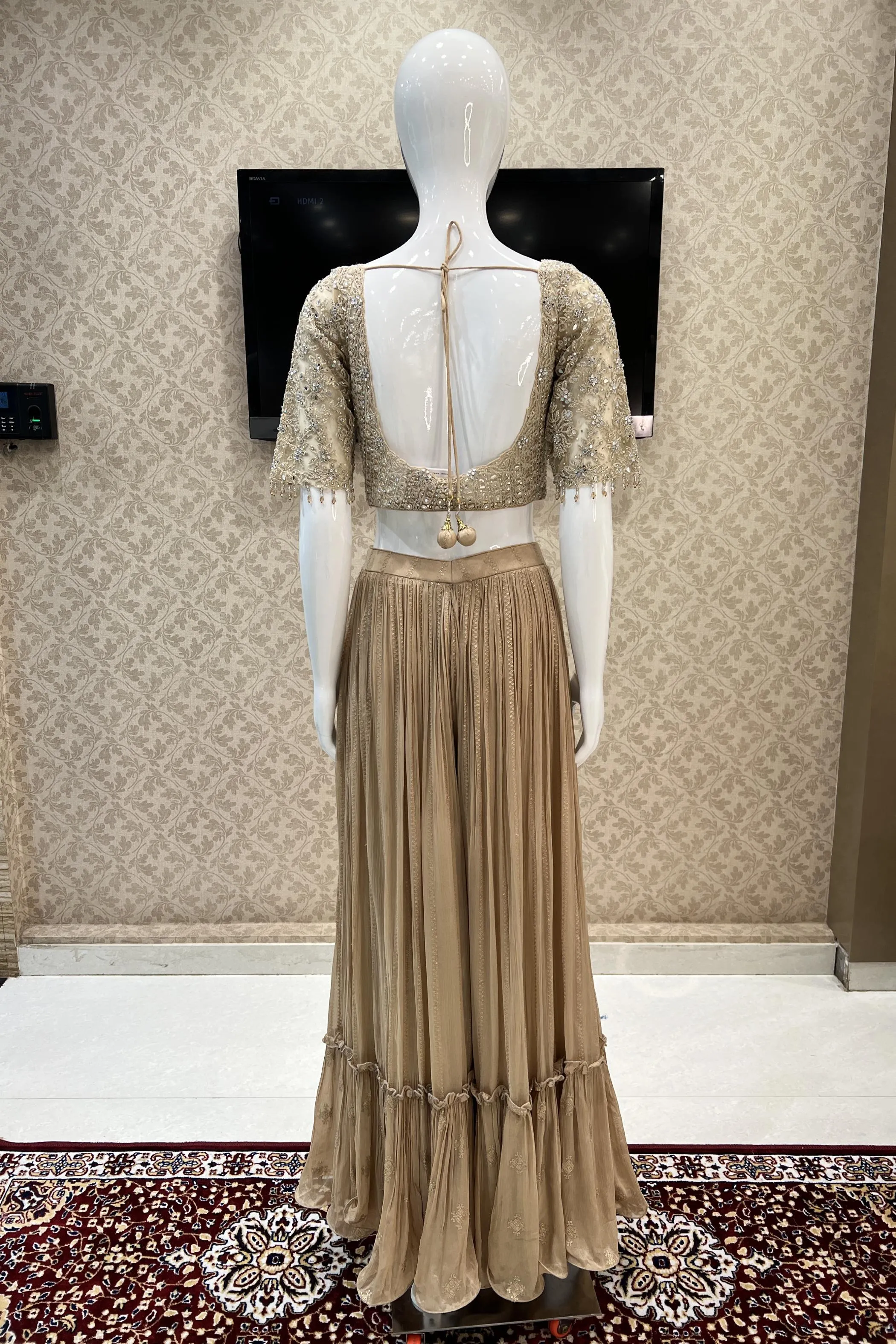 Beige Mirror, Zari, Thread and Stone work Crop Top with Sequins and Thread work Sharara Pant