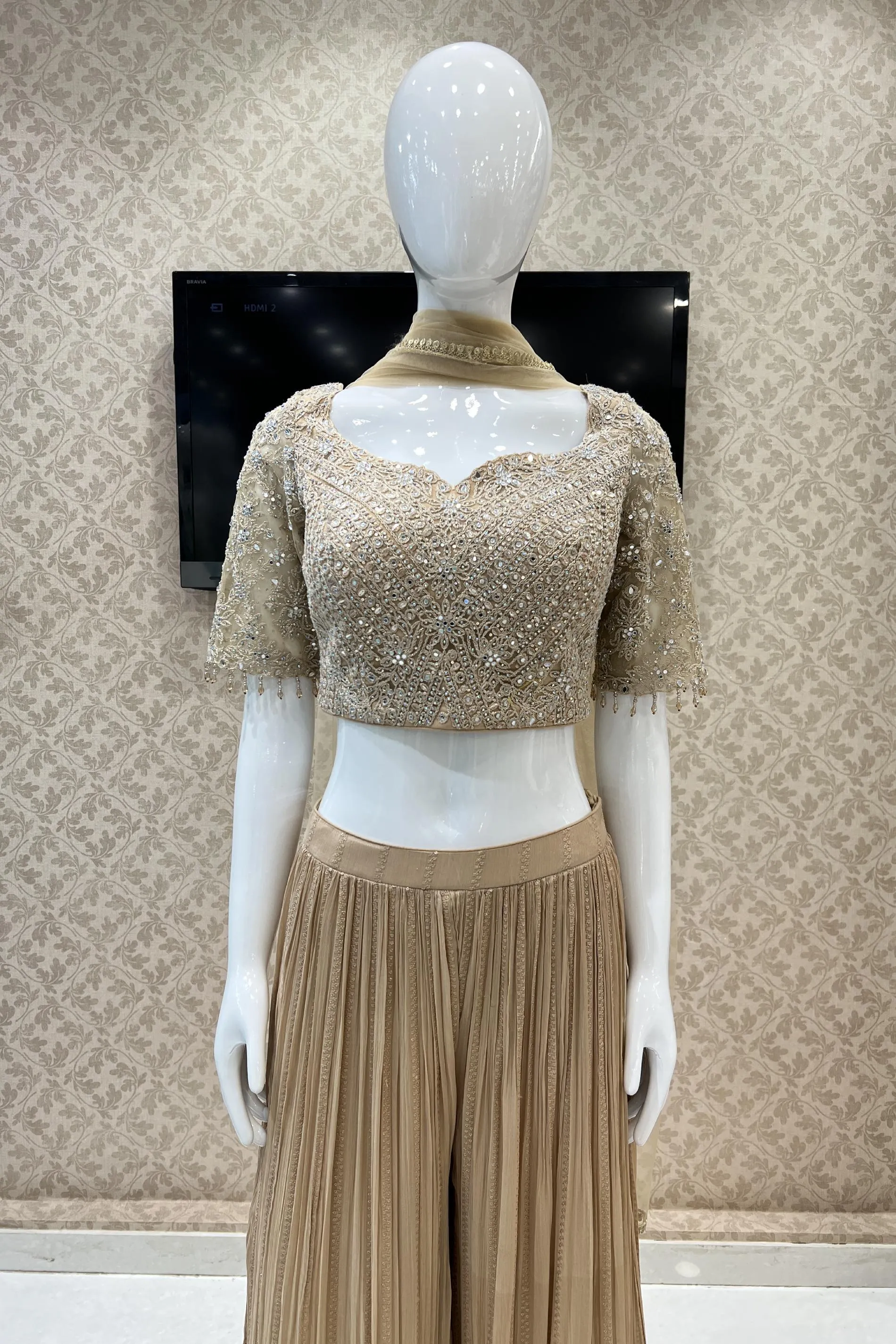 Beige Mirror, Zari, Thread and Stone work Crop Top with Sequins and Thread work Sharara Pant