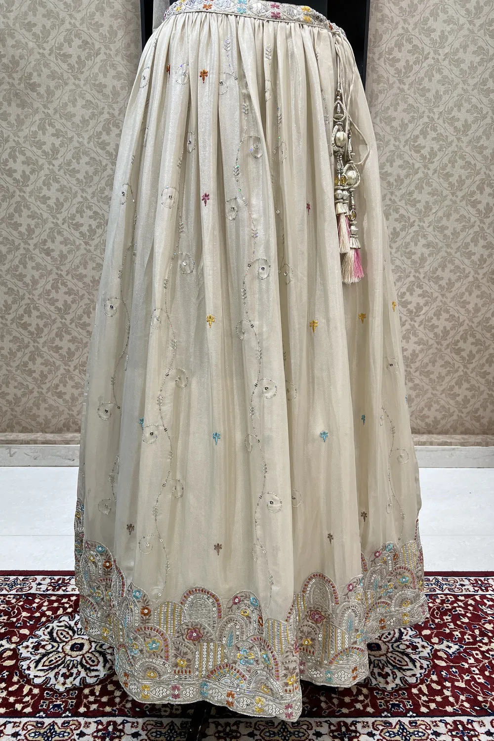 Beige Multicolor Thread, Sequins and Zari work Crop Top Lehenga