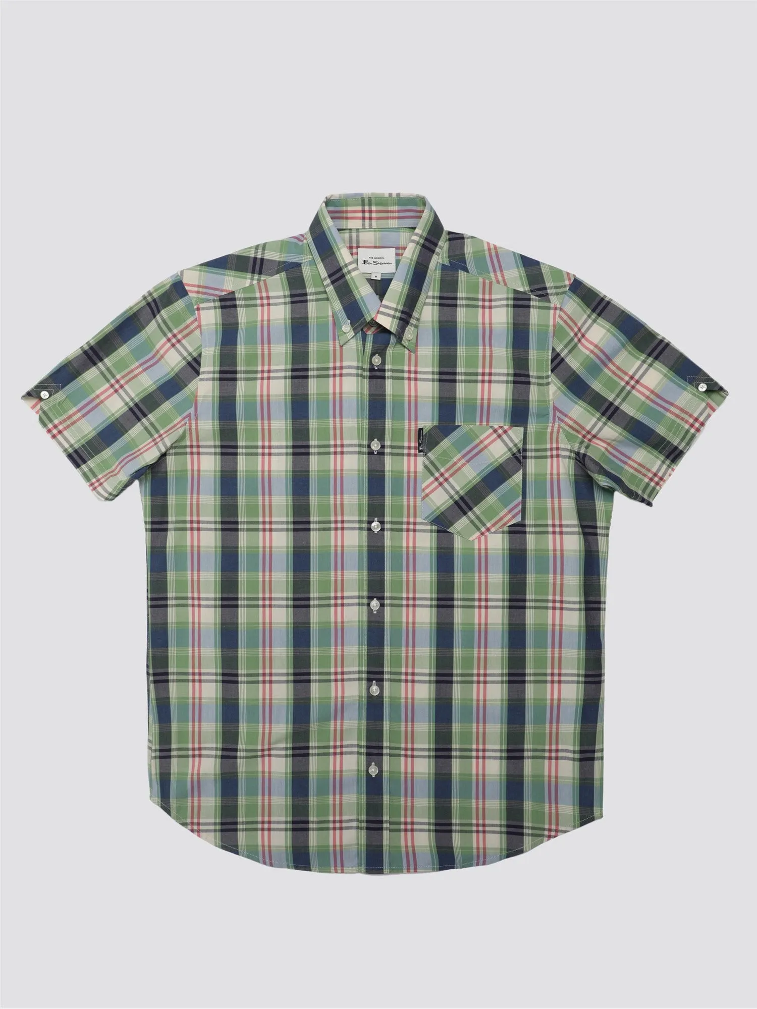 Ben Sherman Men's 0075937 SS Gingham Overcheck Shirt Grass Green