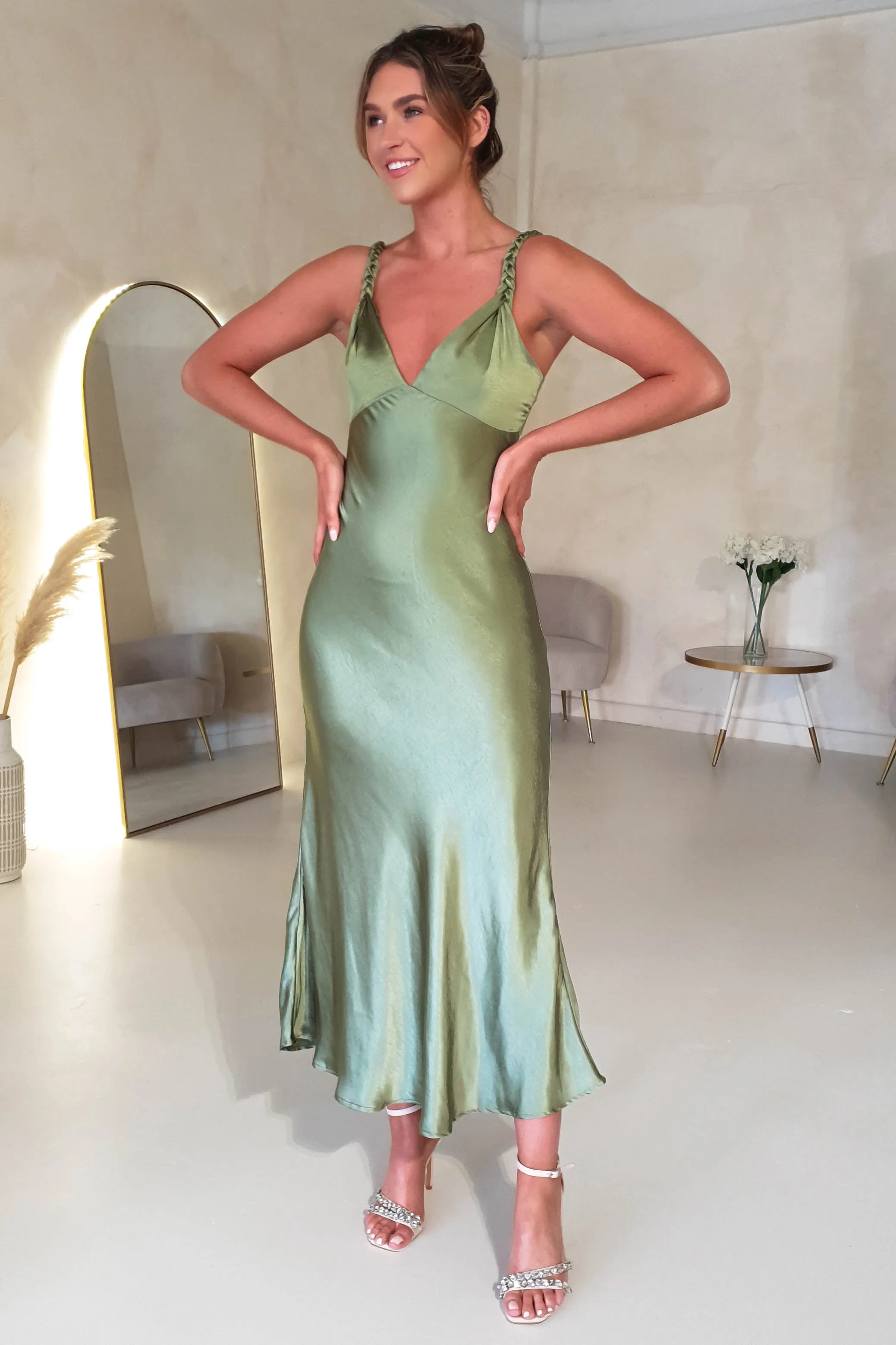 Bethanie Soft Satin Maxi Dress | Olive