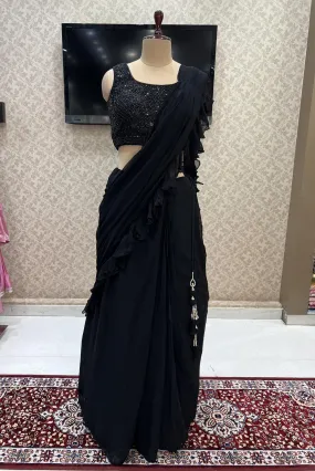 Black Beads, Pearl and Sequins work Crop Top Lehenga with Attached Dupatta