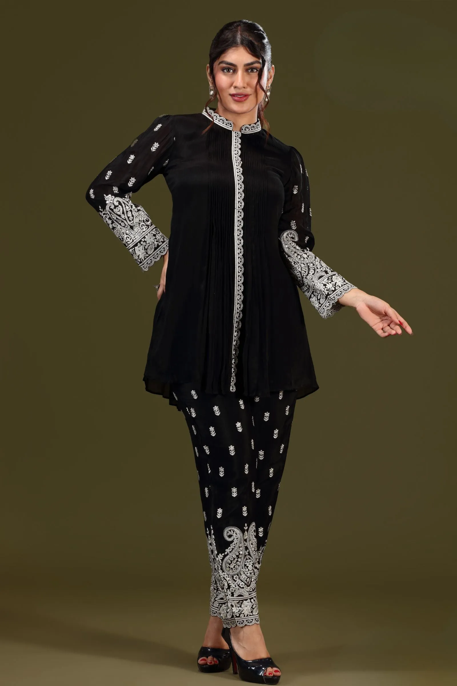 Black Embroidery and Sequins work Salwar Suit with Straight Pant