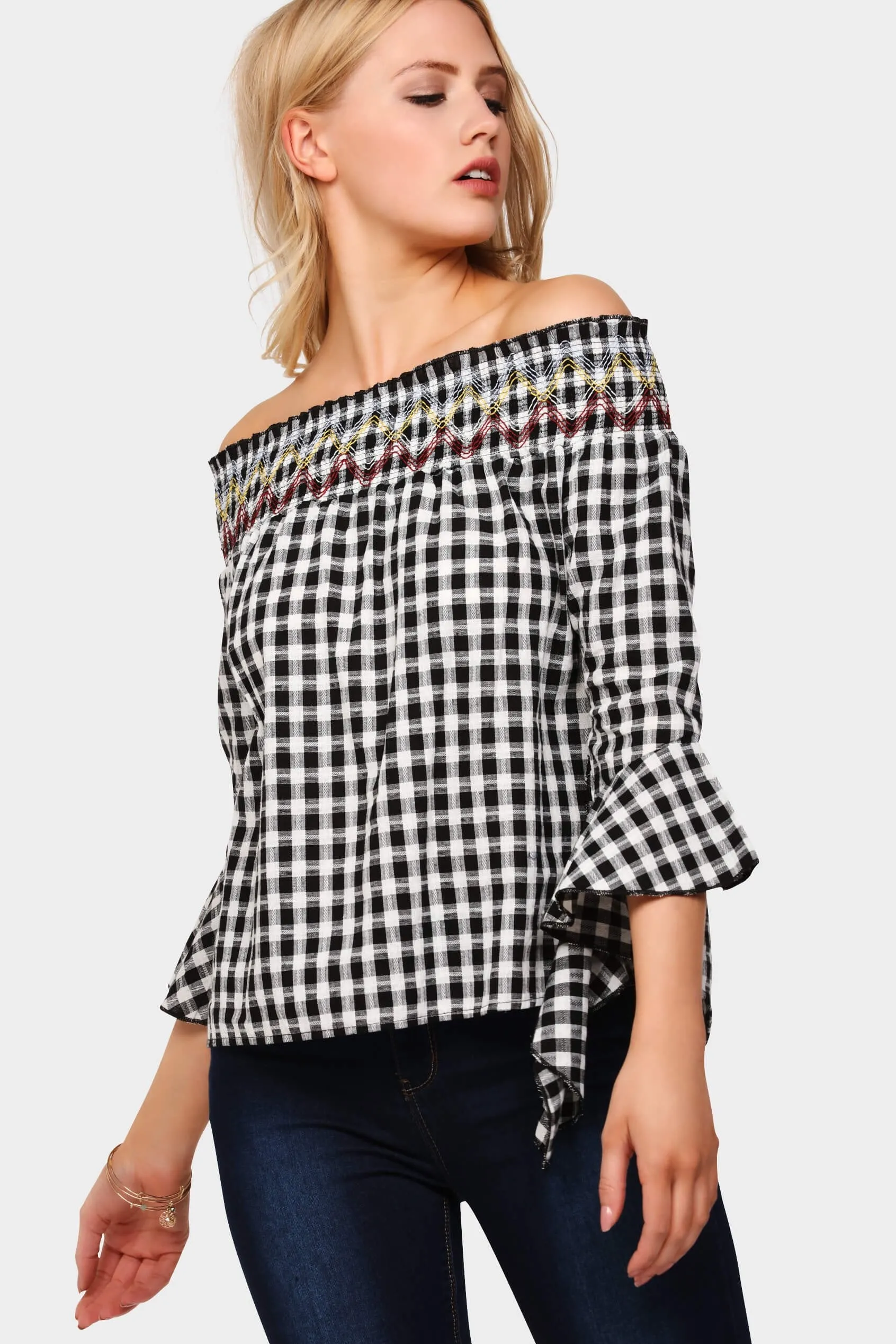 Black Gingham Off Shoulder Top