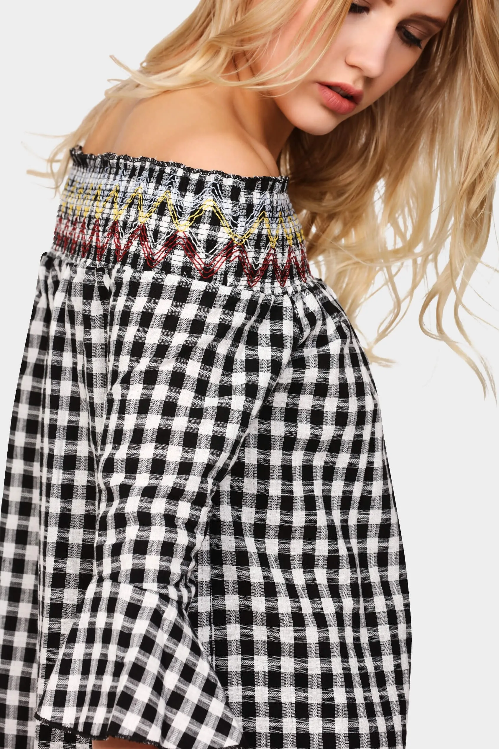 Black Gingham Off Shoulder Top