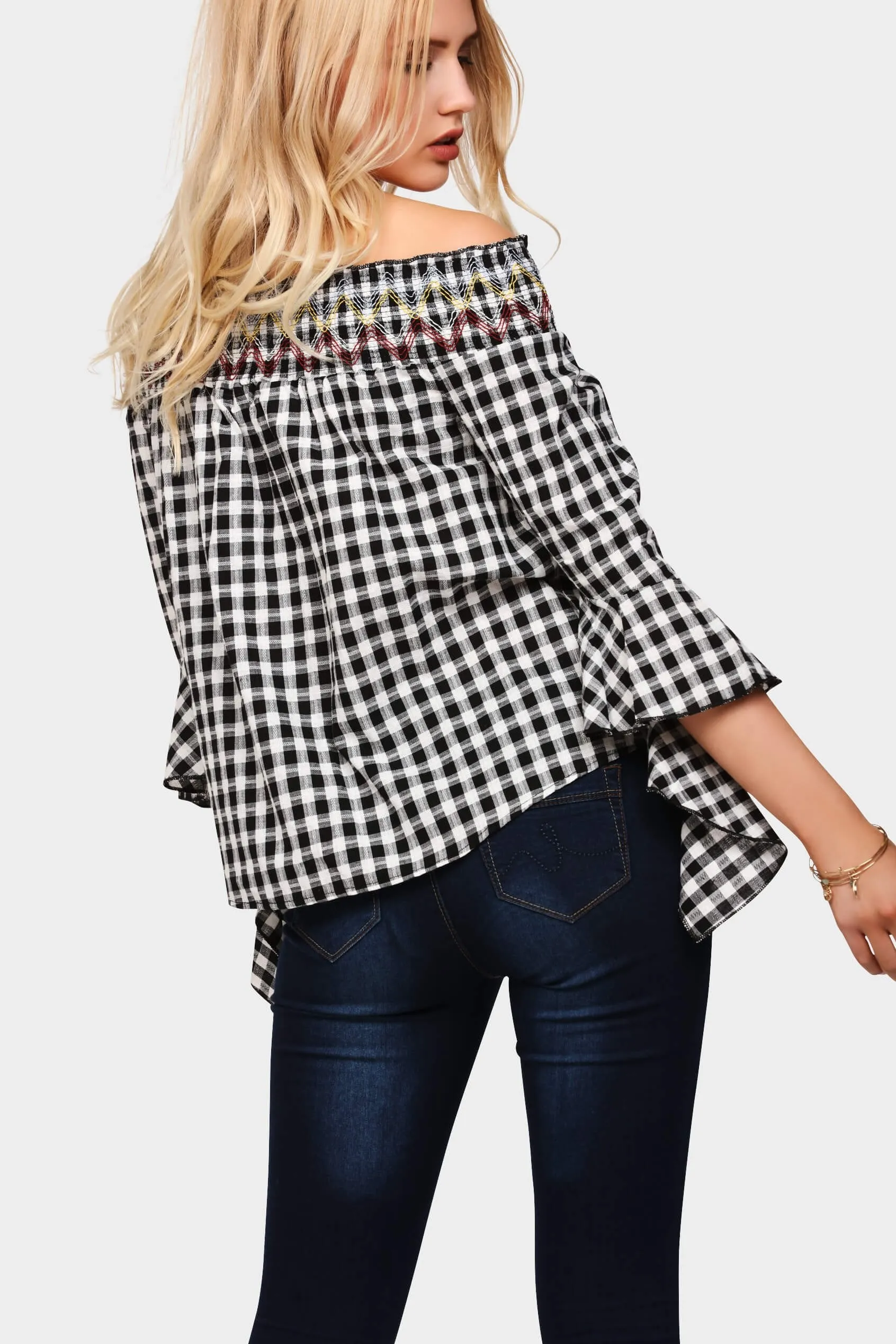 Black Gingham Off Shoulder Top