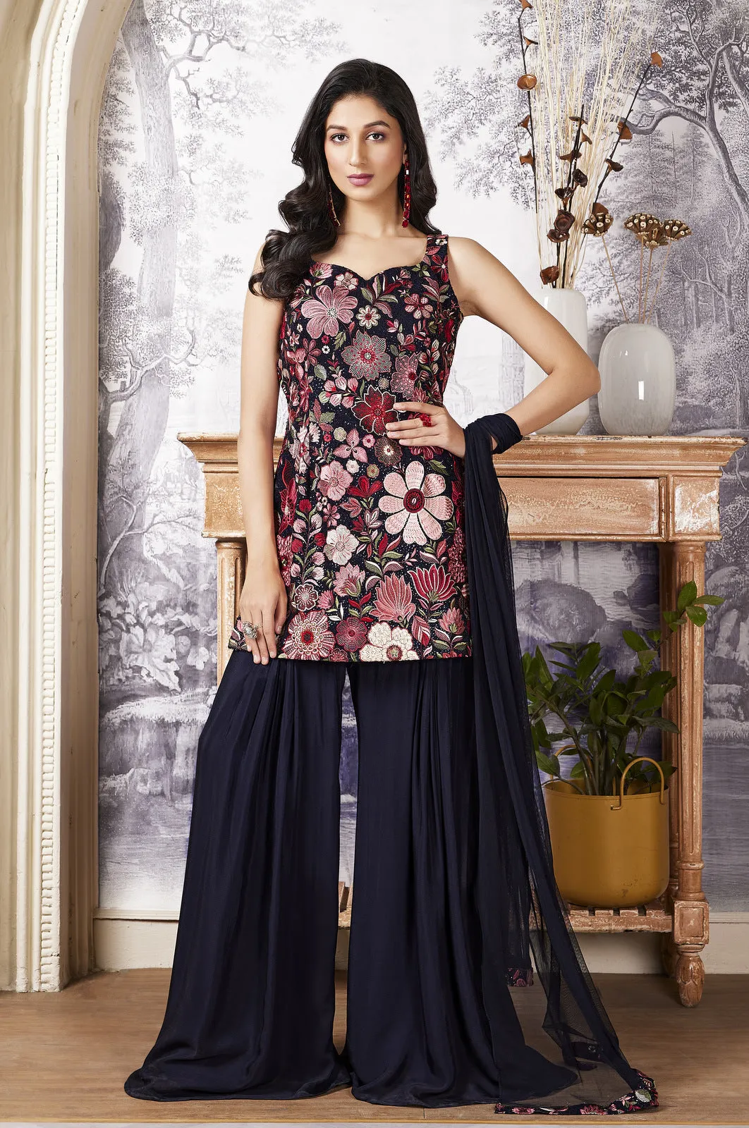 Black Multicolor Embroidery and Sequins work Palazzo Suit Set