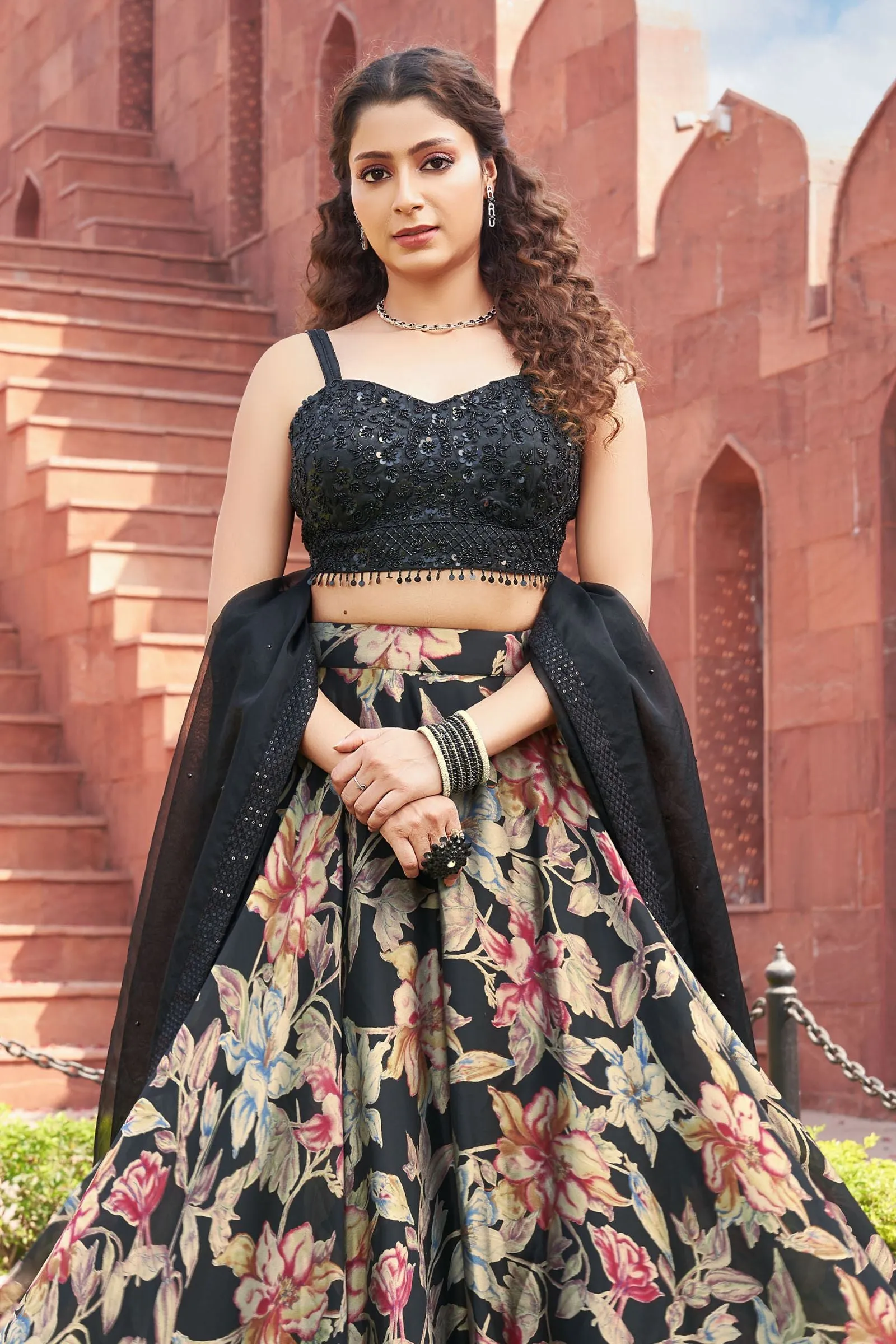 Black Sequins and Beads work with Floral Print Crop Top Lehenga