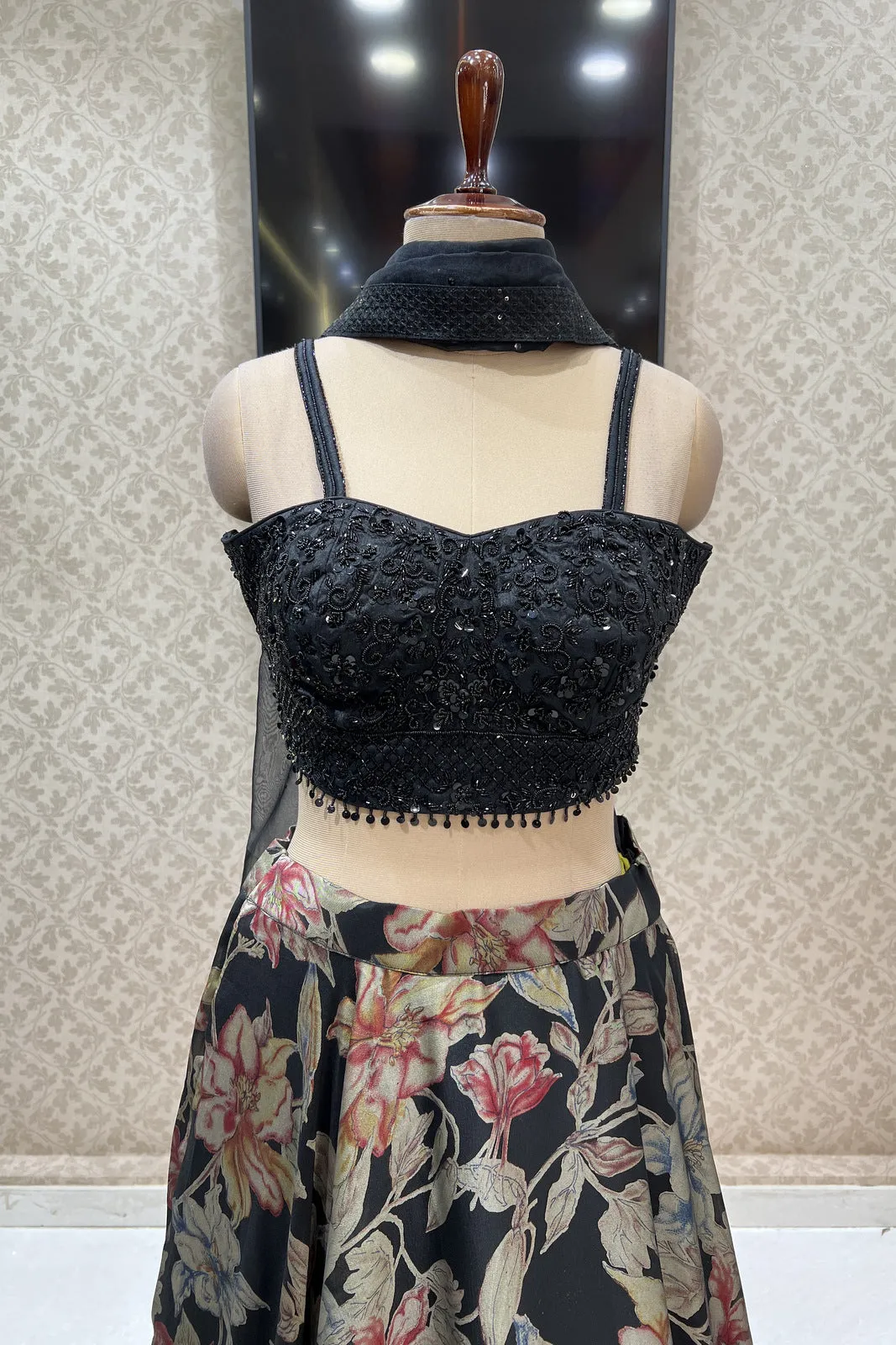 Black Sequins and Beads work with Floral Print Crop Top Lehenga