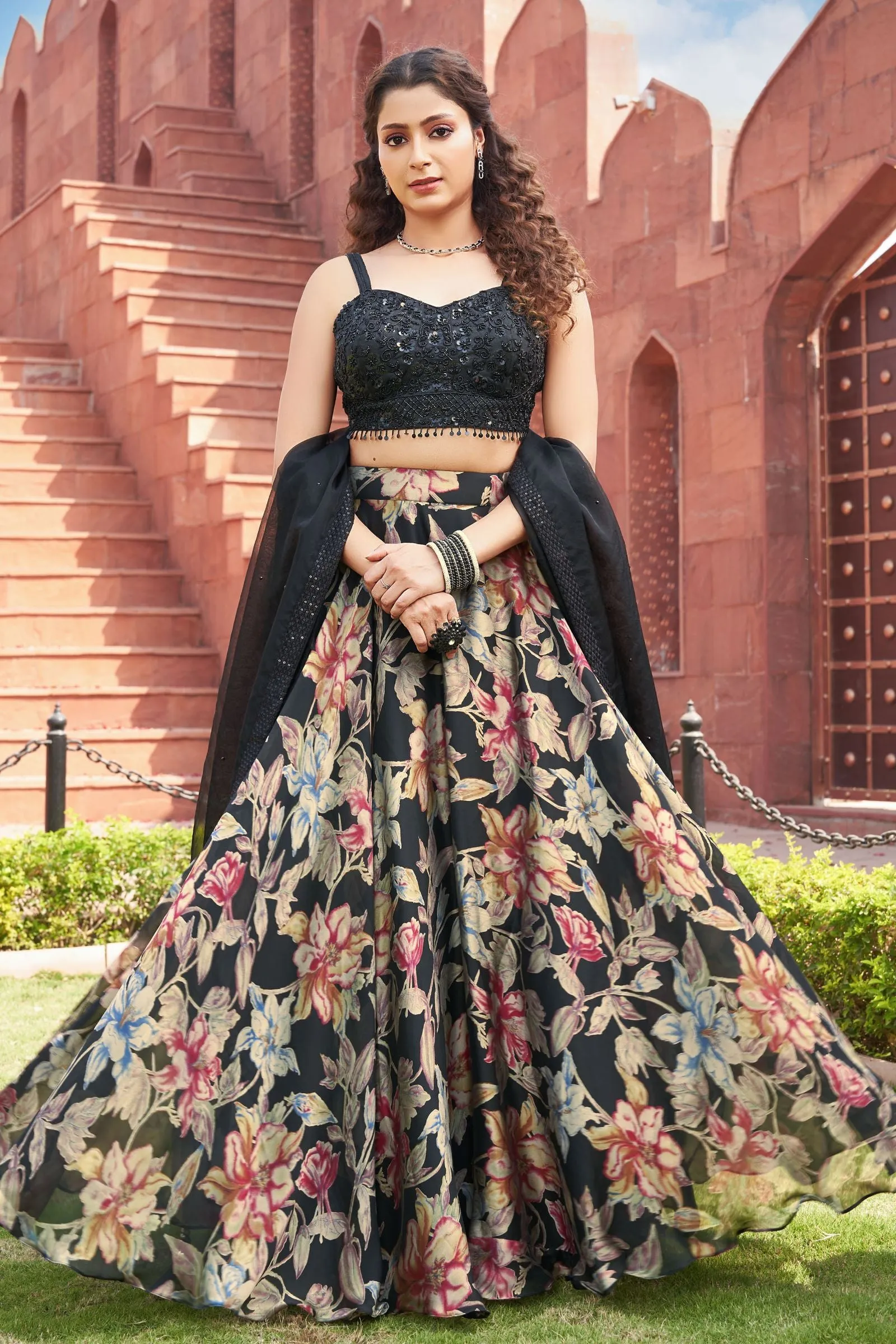 Black Sequins and Beads work with Floral Print Crop Top Lehenga