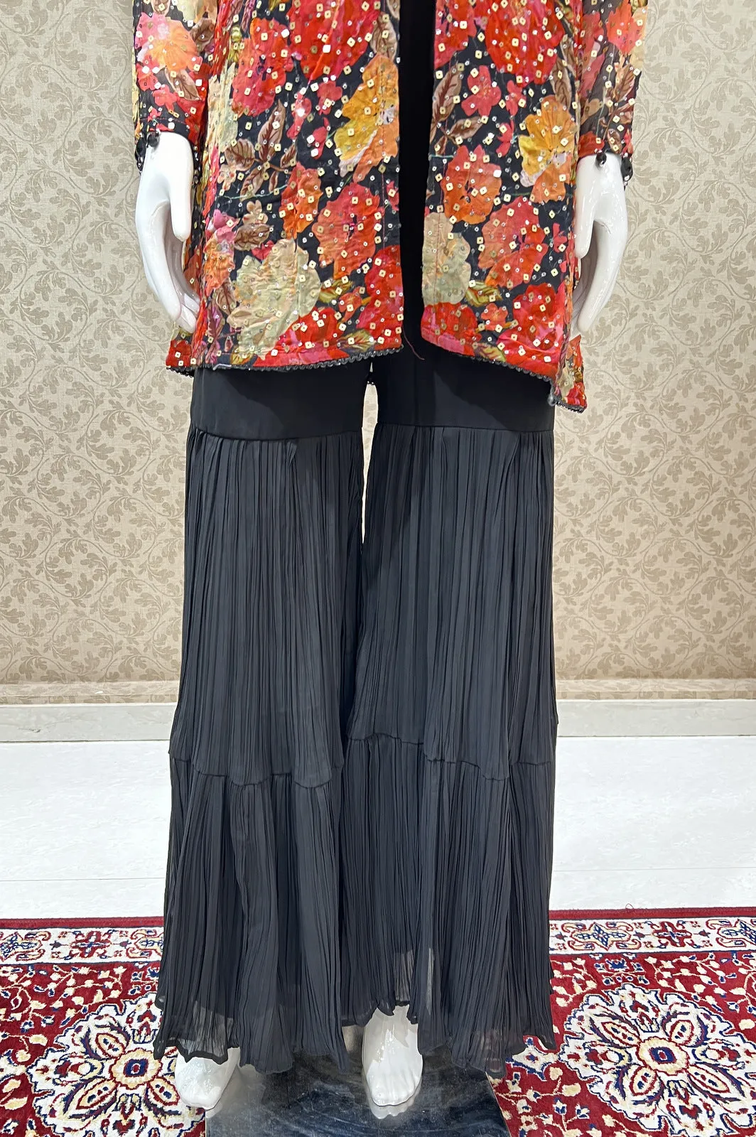 Black Sequins and Thread work with Floral Print Overcoat Styled Sharara Suit Set