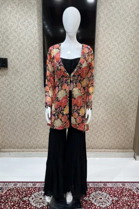 Black Sequins and Thread work with Floral Print Overcoat Styled Sharara Suit Set