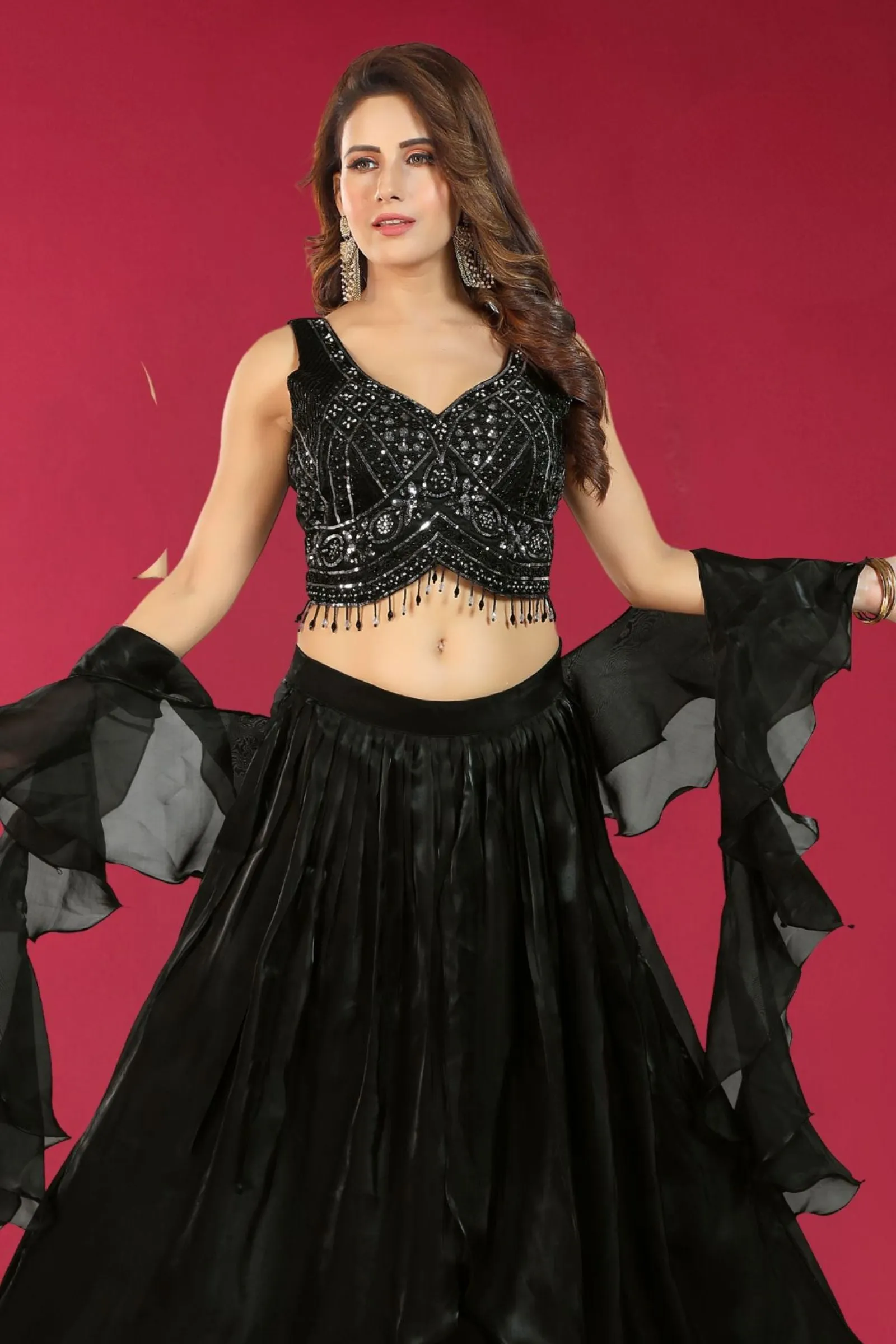 Black Sequins, Beads, Stone and Mirror work Crop Top Lehenga