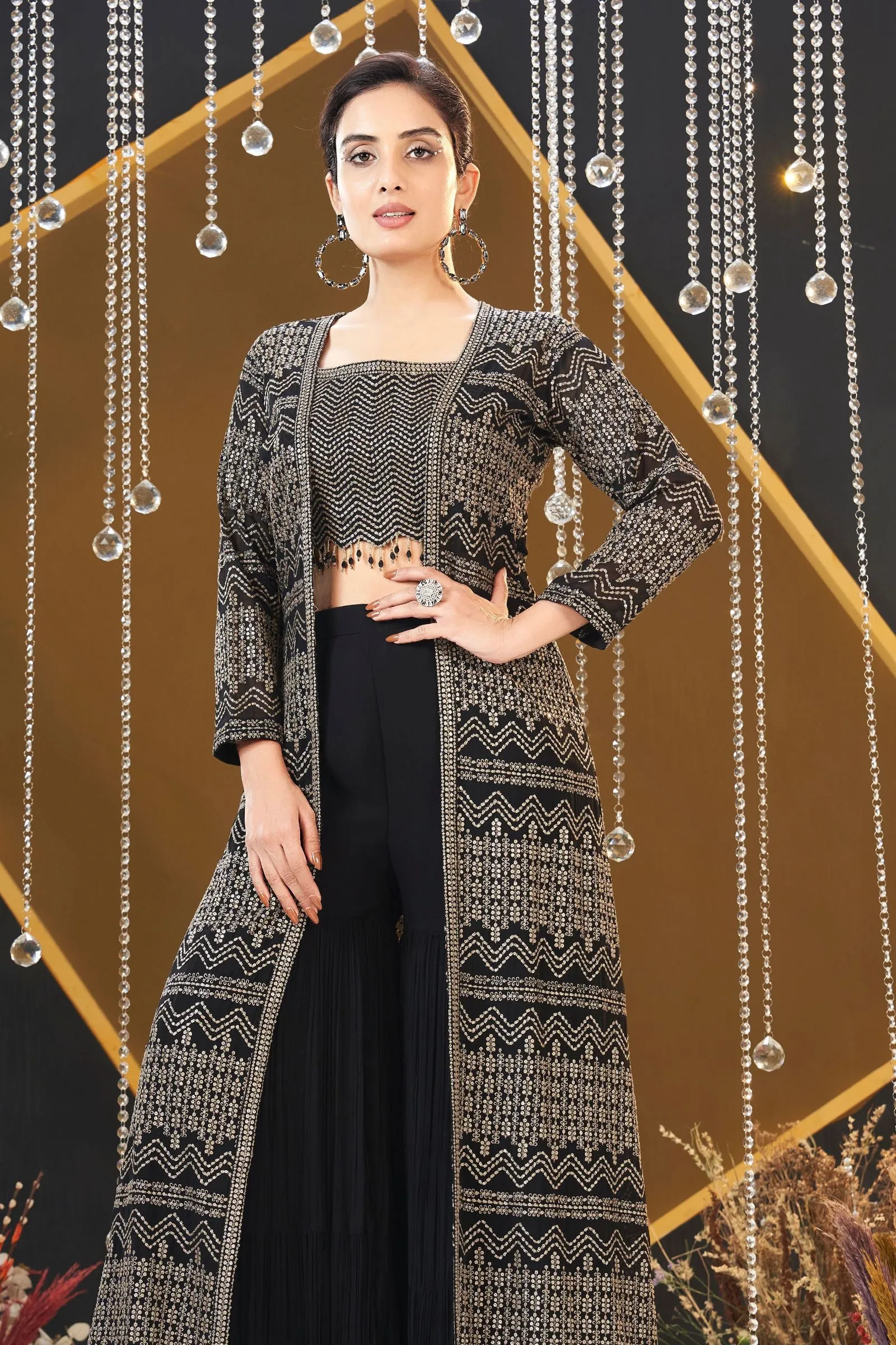 Black Sequins, Zari and Beads work Crop Top with Long Over Coat Palazzo Set