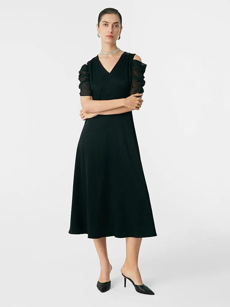 Black Triacetate Gathered Waist V-Neck Dress