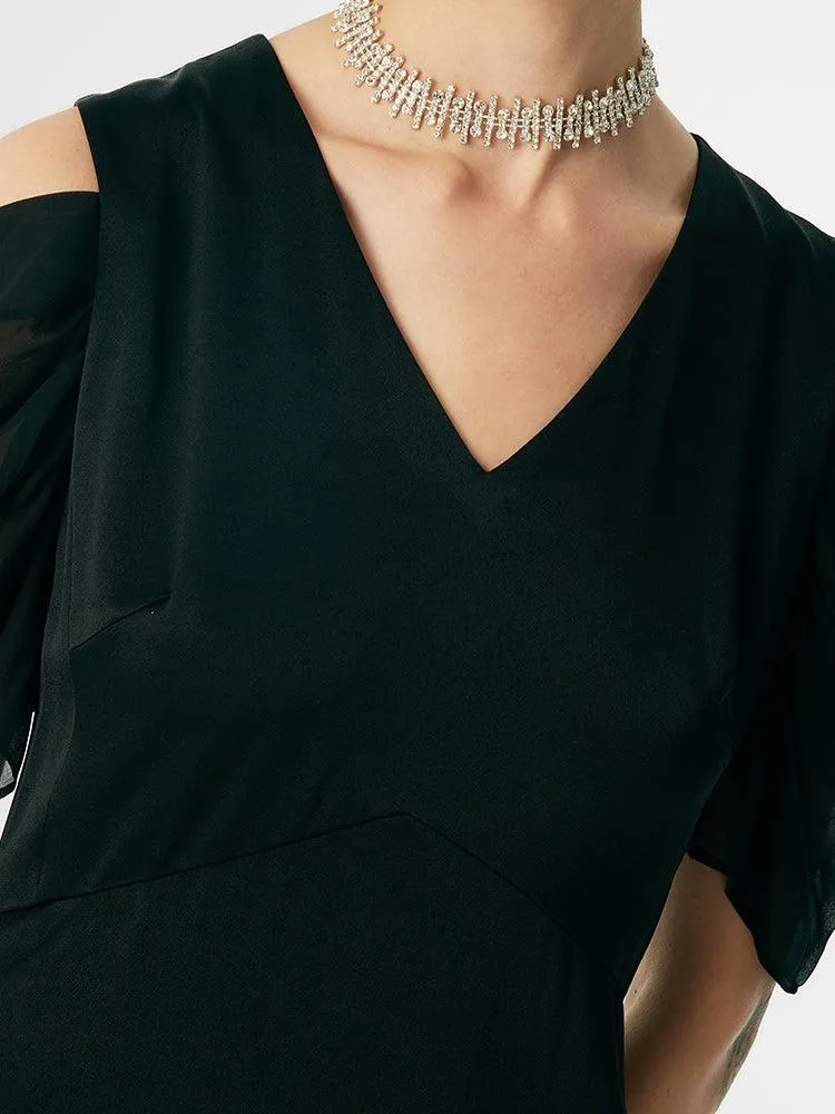 Black Triacetate Gathered Waist V-Neck Dress